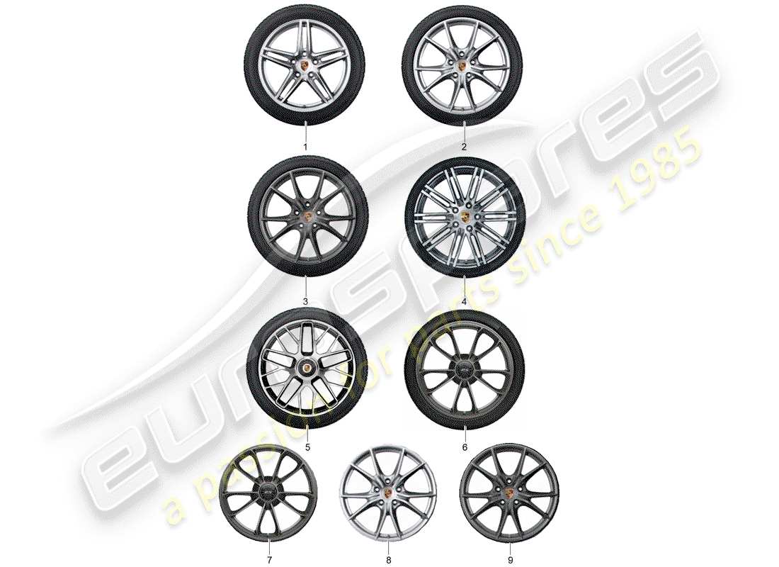 porsche 2013 (tequipment 98x/99x) 1 set cerchi in alluminio con diagramma delle parti