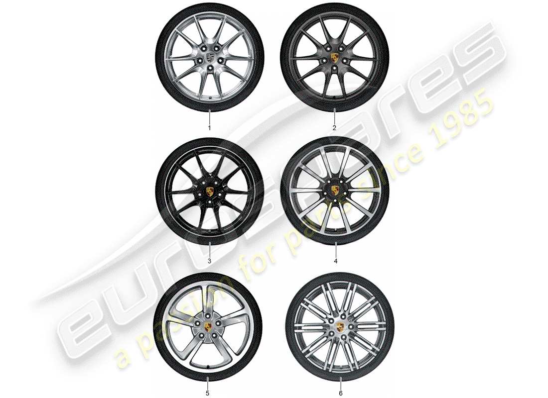 porsche 2017 (tequipment 98x/99x) 1 set cerchi in alluminio con diagramma delle parti