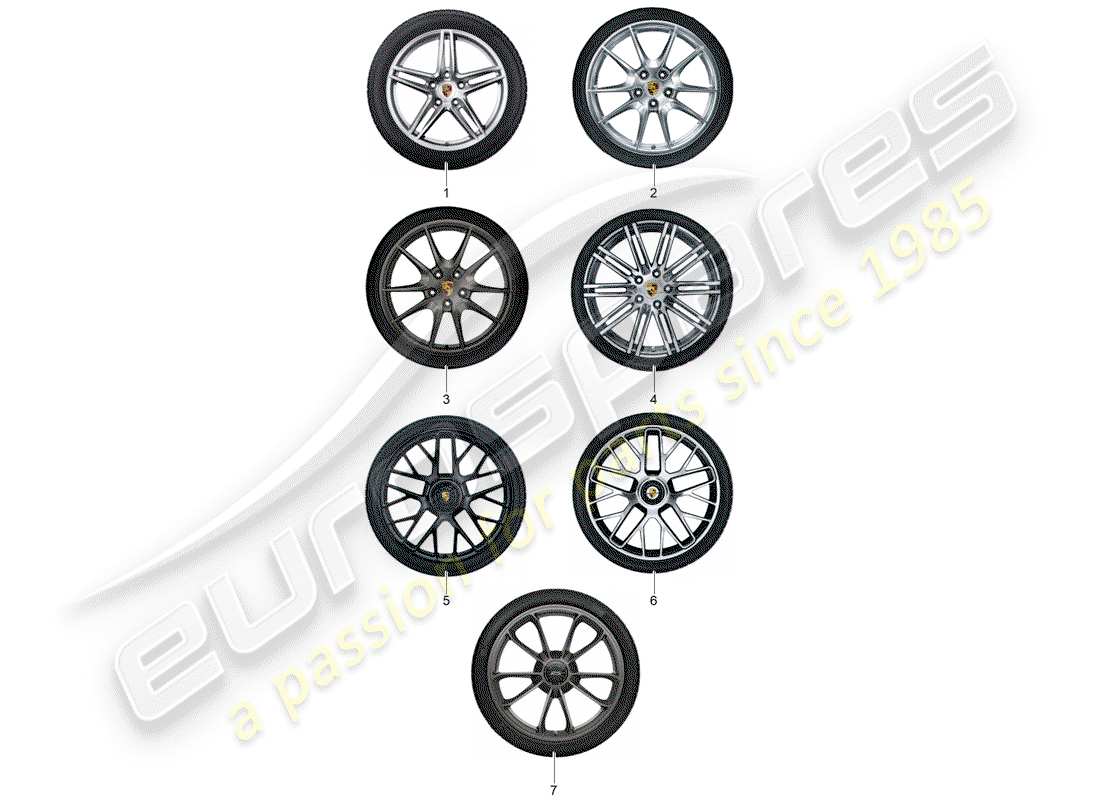 porsche 2017 (tequipment 98x/99x) 1 set cerchi in alluminio con diagramma delle parti