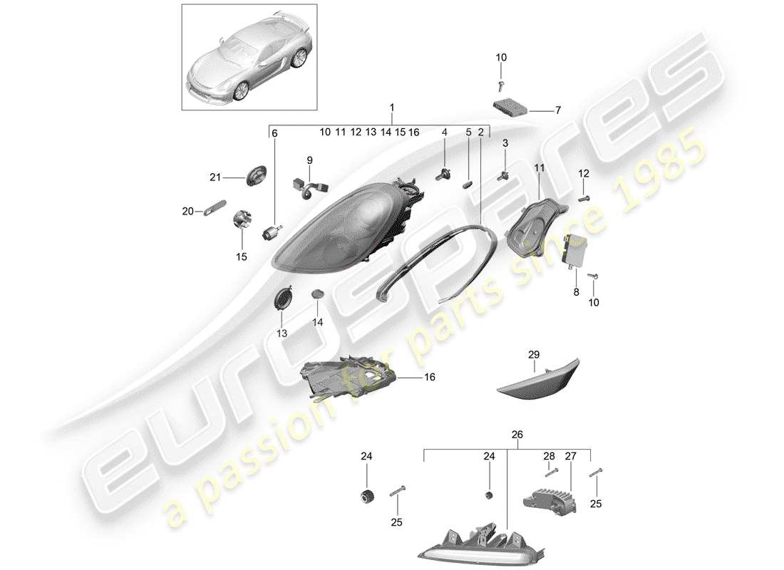 porsche 2016 (981 cayman gt4) diagramma delle parti del faro