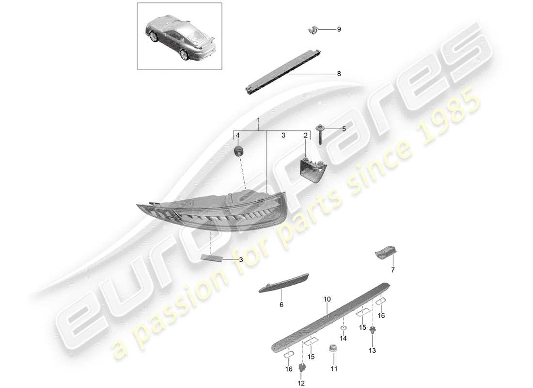 porsche 991r/gt3/rs (2014) luce posteriore diagramma delle parti