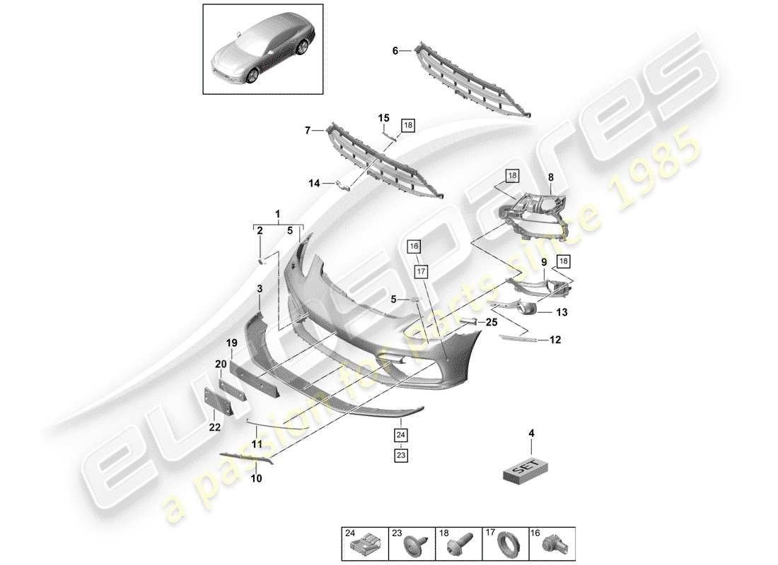 porsche panamera 971 (2019) diagramma delle parti del paraurti