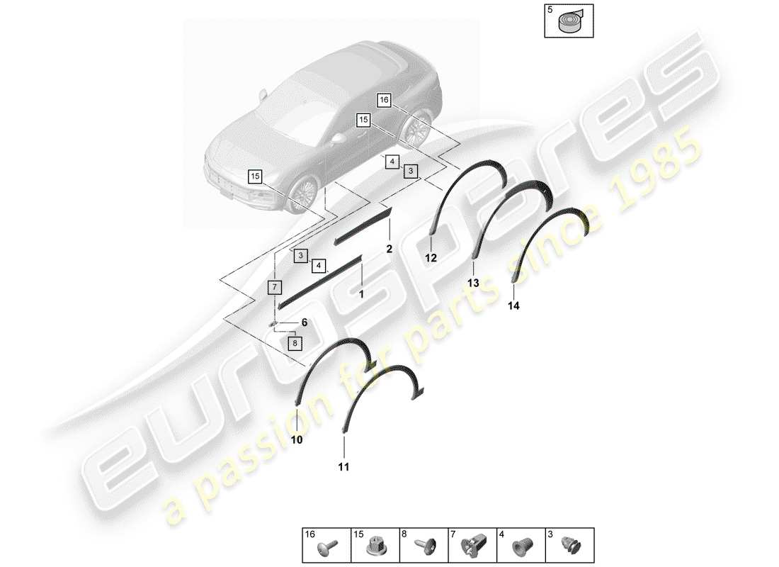 porsche 2020 (cayenne e3 9ya/9yb) copertura passaruota schema delle parti