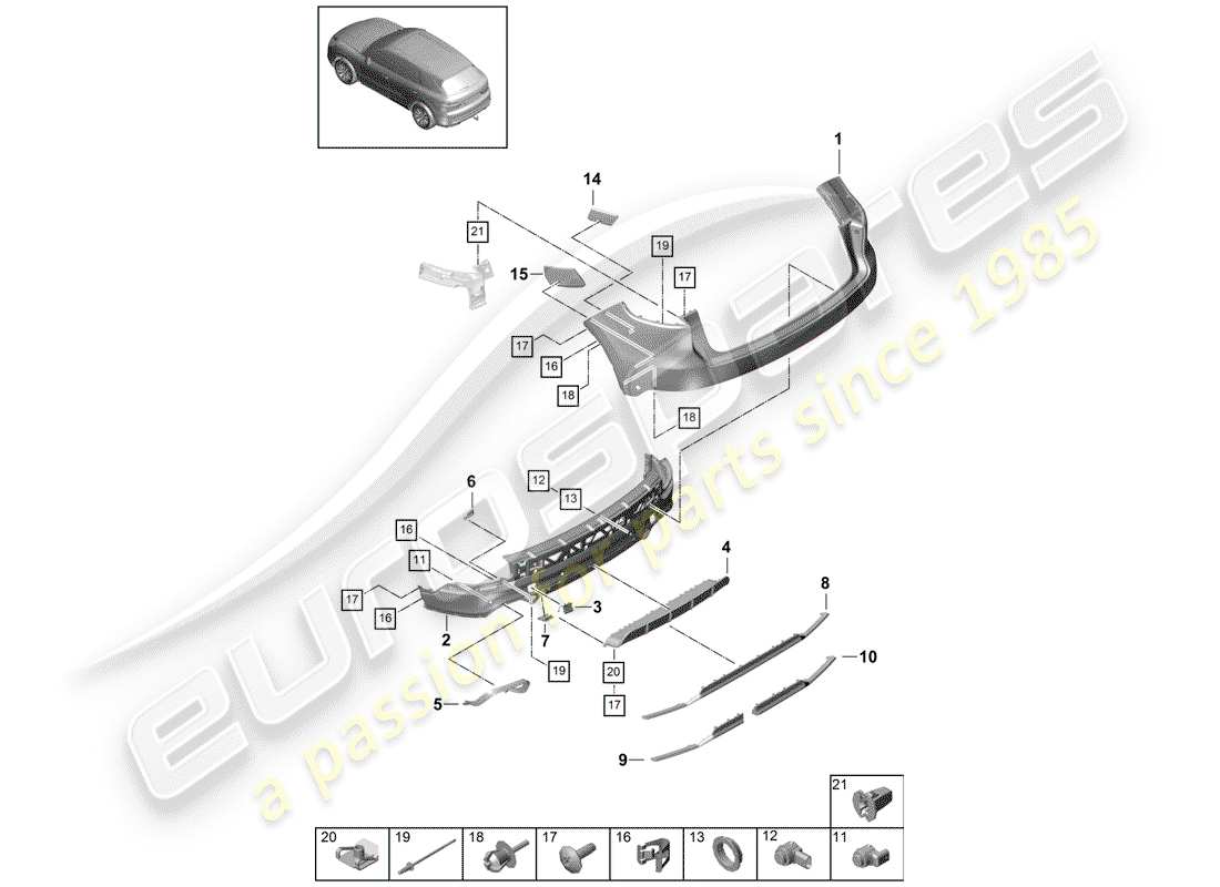 porsche 2020 (cayenne e3 9ya/9yb) diagramma delle parti del paraurti
