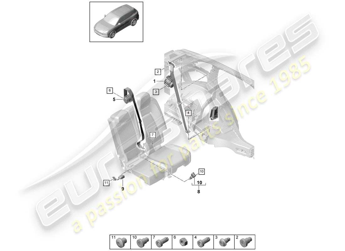 porsche 2020 (cayenne e3 9ya/9yb) cintura di sicurezza a tre punti schema delle parti
