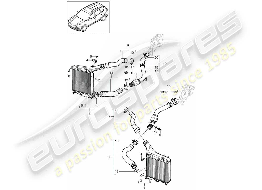 porsche 2018 (cayenne e2 92a) raffreddatore dell'aria di carica diagramma delle parti