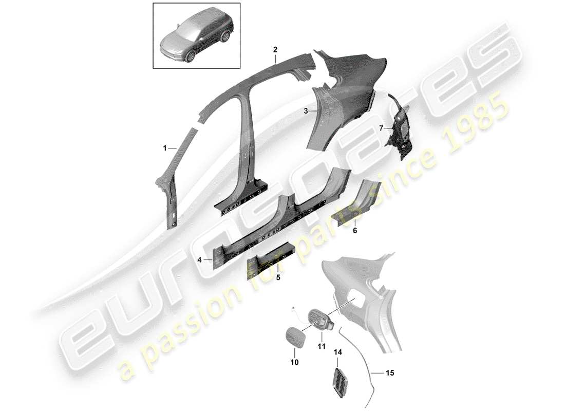 porsche 2019 (cayenne e3 9ya/9yb) pannello laterale schema delle parti