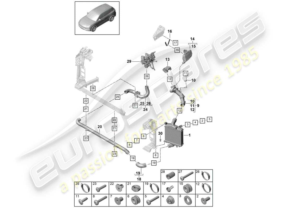 porsche 2019 (cayenne e3 9ya/9yb) raffreddatore dell'aria di carica diagramma delle parti