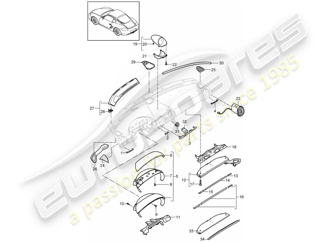 porsche 2009 (987 cayman) rivestimento del pannello del cruscotto diagramma delle parti
