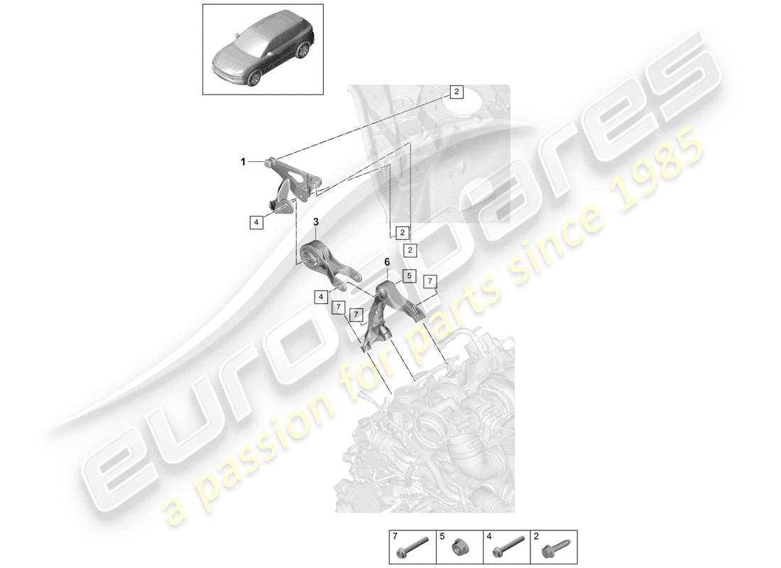 porsche 2020 (cayenne e3 9ya/9yb) paranco di sollevamento del motore diagramma delle parti