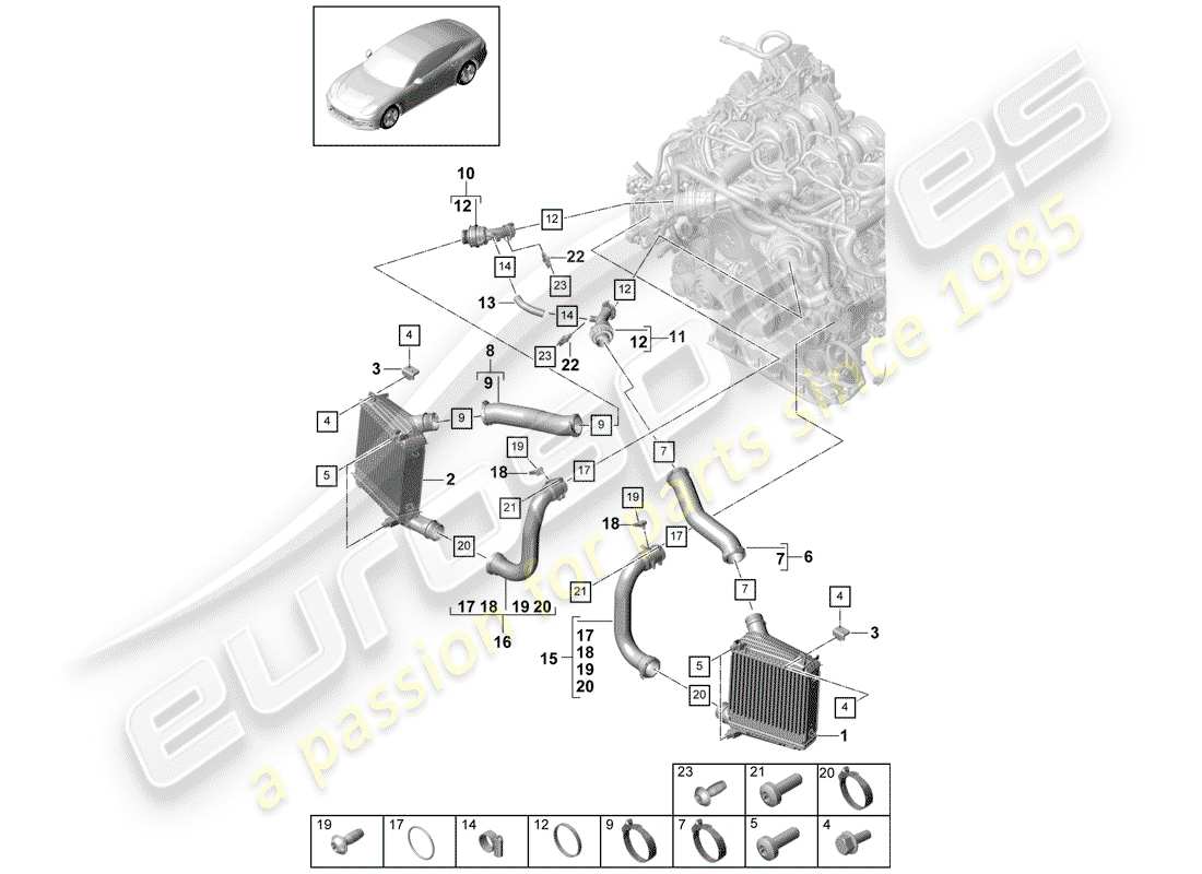 porsche 2018 (panamera 971-1) schema delle parti del raffreddatore dell'aria di carica