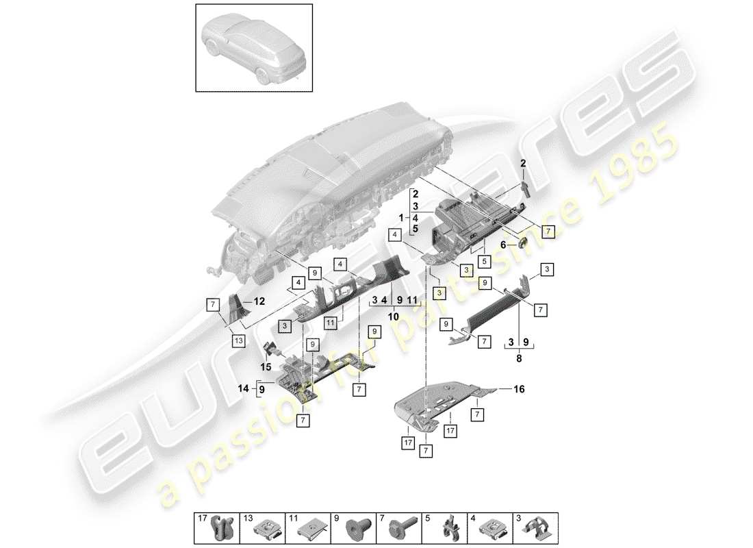 porsche 2019 (cayenne e3 9ya/9yb) rivestimento del pannello del cruscotto diagramma delle parti