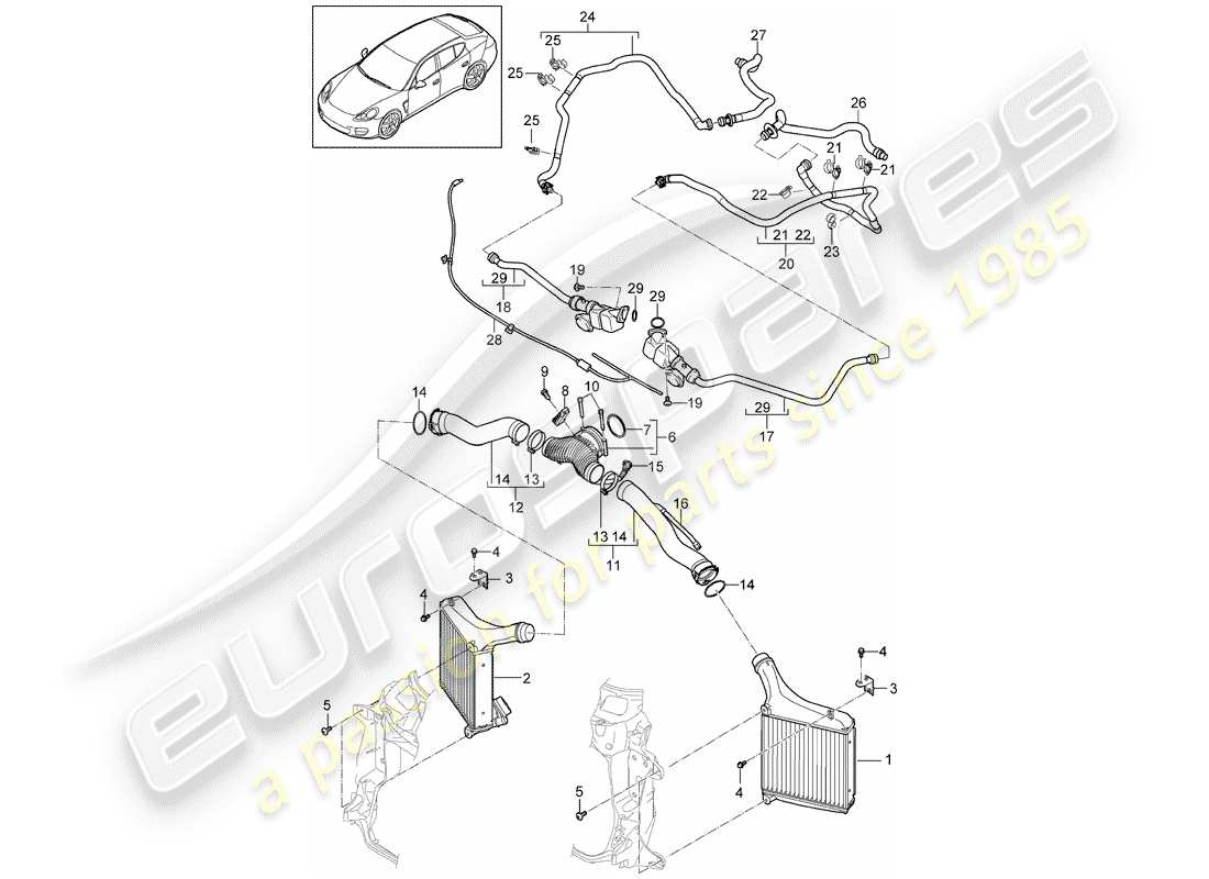 porsche 2011 (panamera 970) schema delle parti del raffreddatore dell'aria di carica