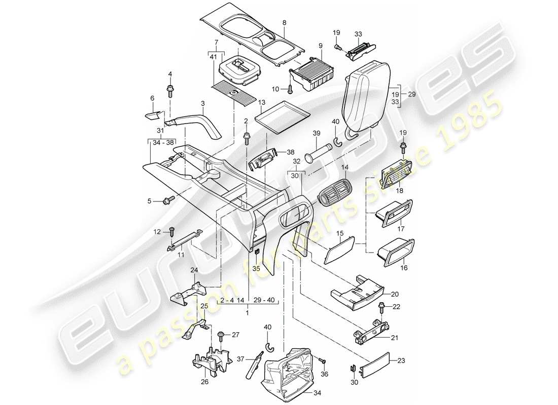 porsche 2008 (cayenne e1 9pa) console centrale diagramma delle parti