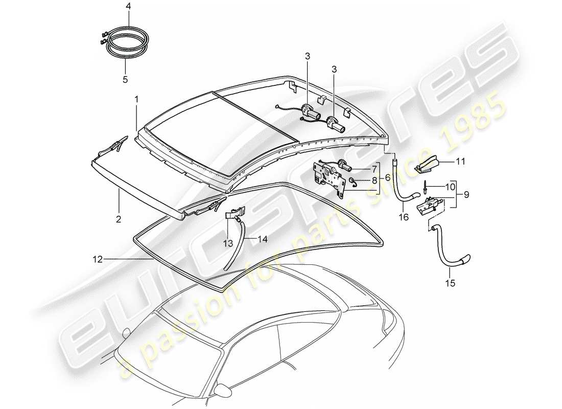 porsche 1999 (996) tetto di vetro diagramma delle parti