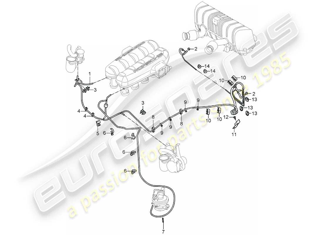 porsche 2005 (carrera gt) linea del vuoto - distributore aria aspirata - serbatoio del vuoto - iniezione aria - scatola di controllo - silenziatore di scarico posteriore schema delle parti