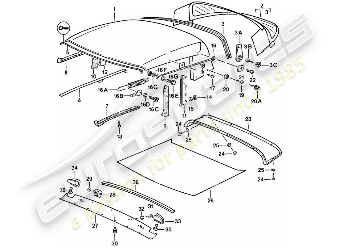 porsche 1983 (911) capote - striscia di tenuta - parti singole schema delle parti