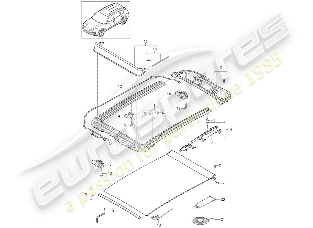 porsche 2014 (cayenne e2 92a) tetto di vetro diagramma delle parti