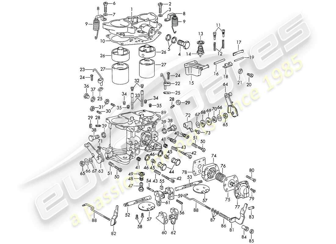 porsche 1968 (911/912) parti singole - per - carburatore - solex-40 pii-4 - con: - albero farfalla - schema delle parti divise
