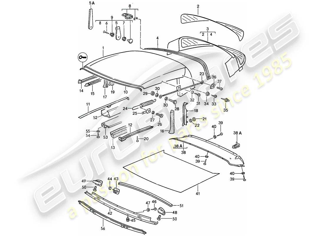 porsche 1985 (911) capote - striscia di tenuta - parti singole schema delle parti