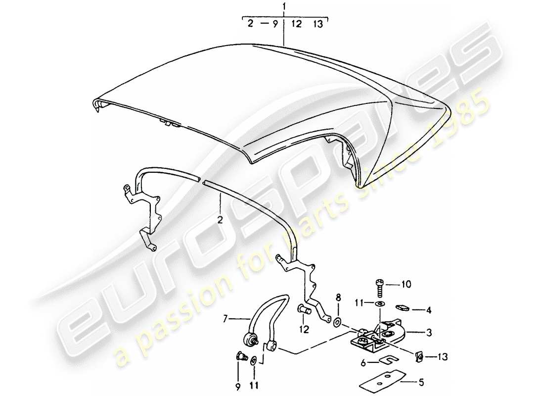 porsche 1990 (964) capote pieghevole - completo - prua principale - parti singole schema delle parti