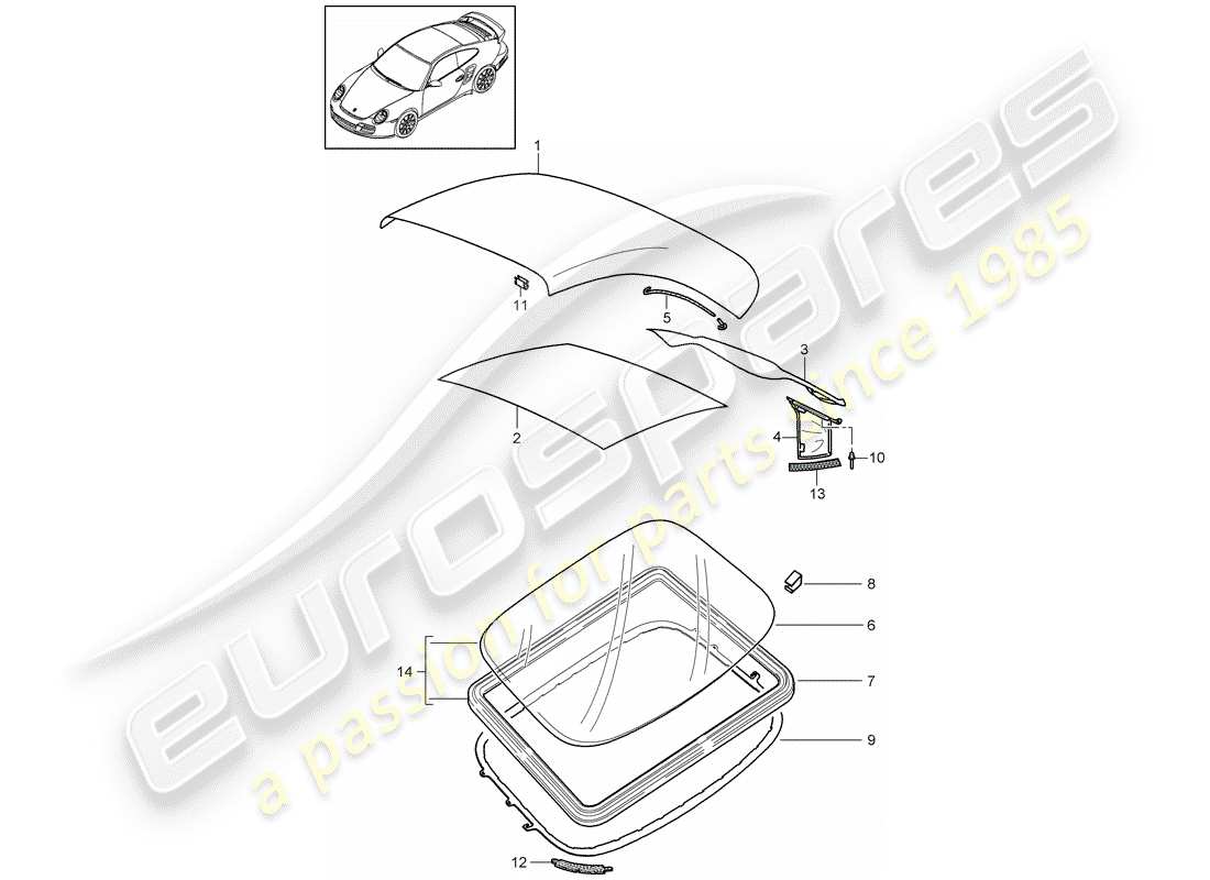 porsche 2009 997-2 turbo / gt2 copertura della capote diagramma delle parti