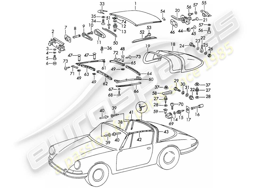 porsche 1966 (911/912) tetto diagramma delle parti