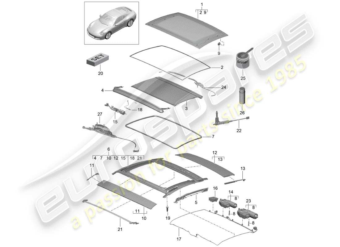 porsche 2020 (991-2) tetto di vetro diagramma delle parti