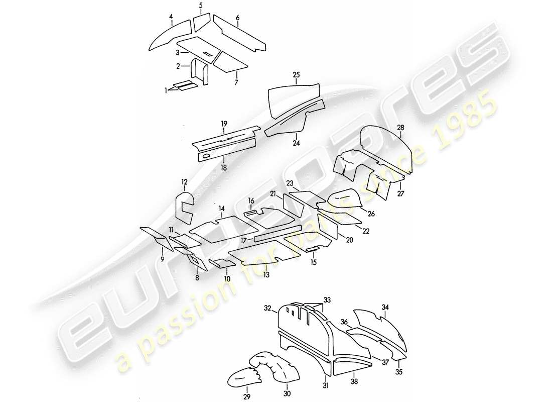 porsche 1965 (356b/356c) scocca - tappetino smorzante diagramma delle parti