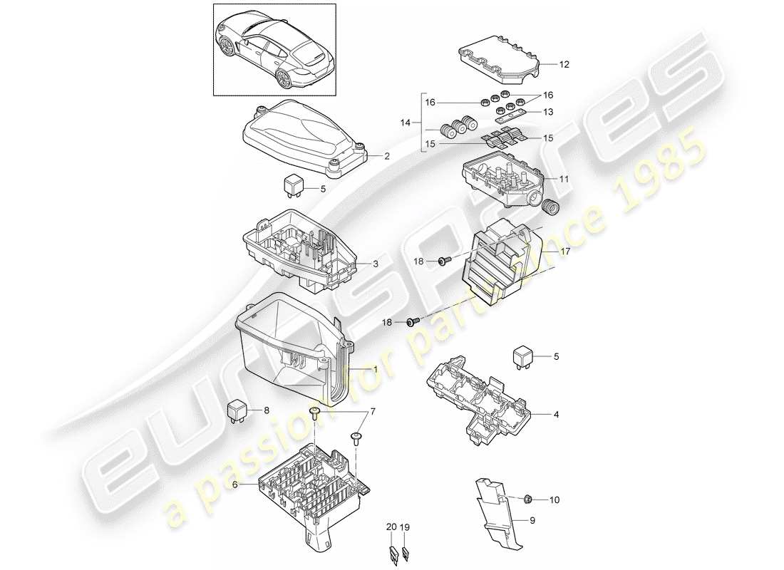 porsche 2010 (panamera 970) scatola dei fusibili/piastra relè diagramma delle parti