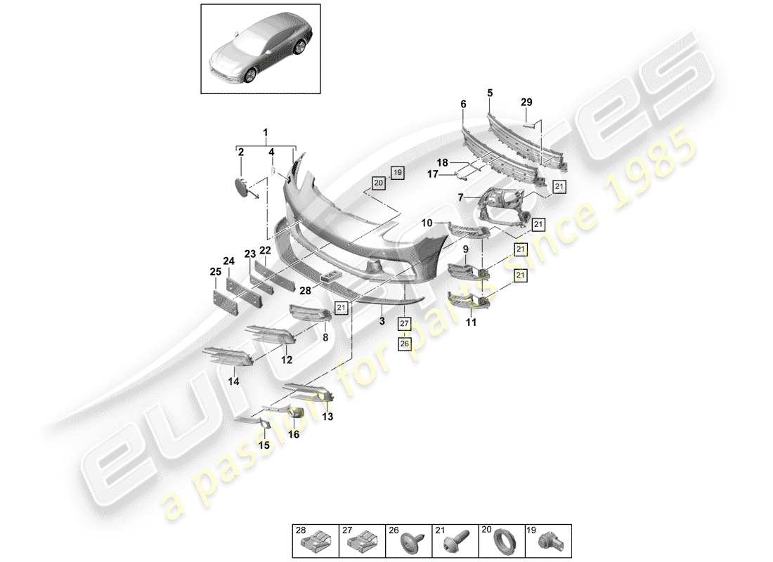 porsche 2017 (panamera 971-1) diagramma delle parti del paraurti