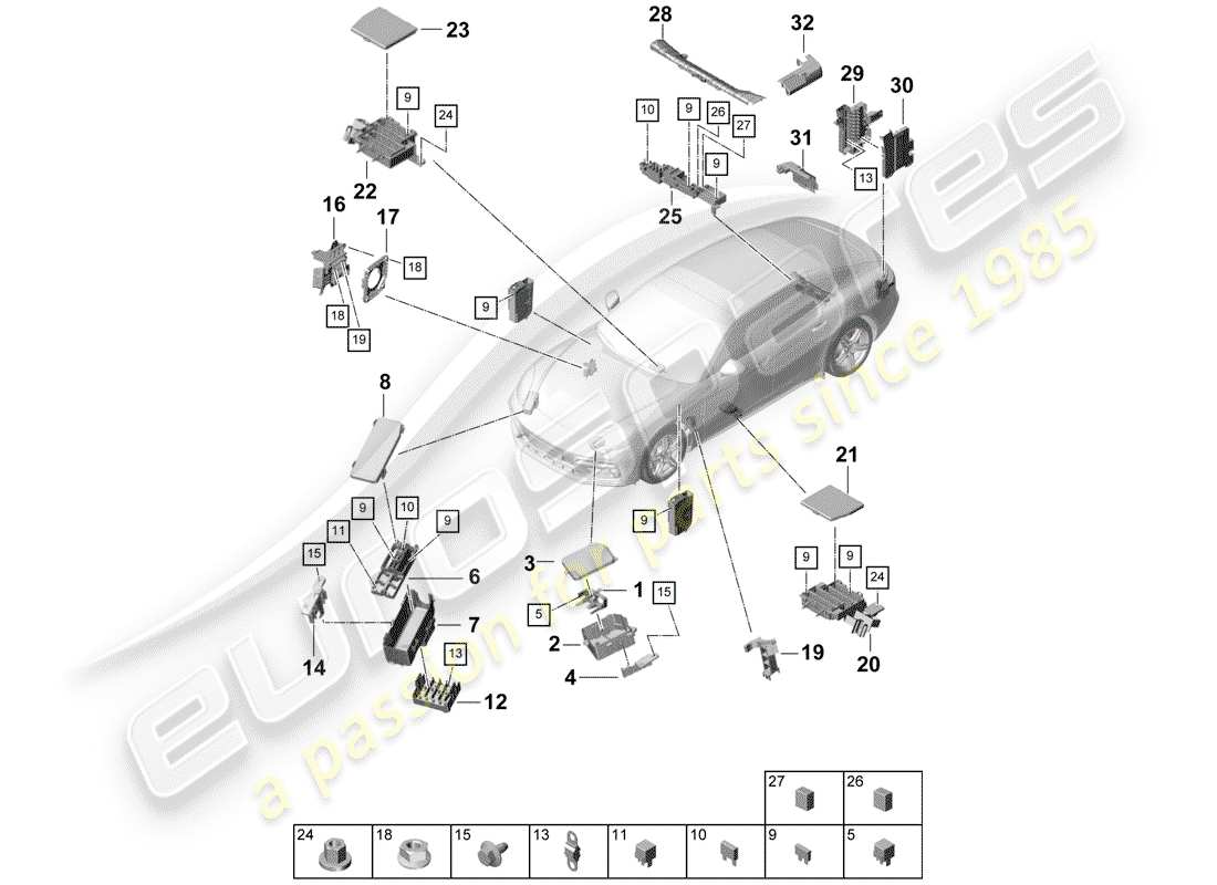 porsche 2019 (panamera 971-1) scatola dei fusibili/piastra relè diagramma delle parti