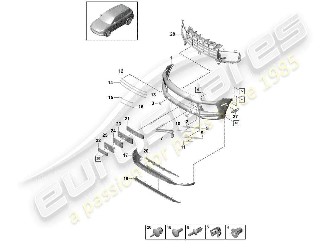 porsche 2020 (cayenne e3 9ya/9yb) diagramma delle parti del paraurti