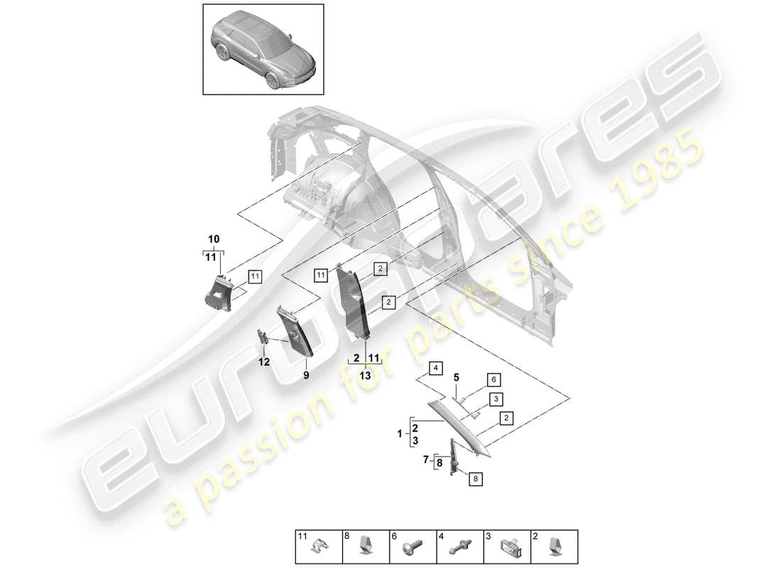 porsche 2019 (cayenne e3 9ya/9yb) diagramma delle parti della fodera