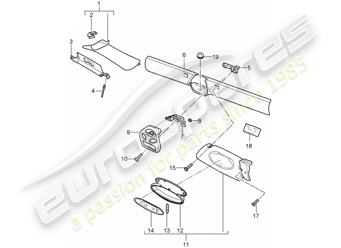 porsche 2003 (986 boxster) cornice parabrezza - visiere parasole diagramma delle parti
