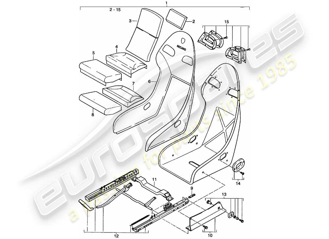 porsche 2002 (996 turbo / gt2) sedile - velluto perlon diagramma delle parti