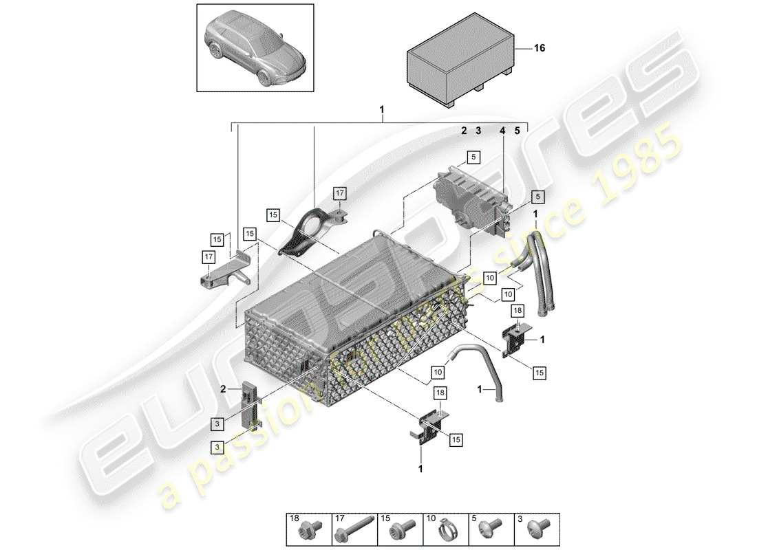 porsche 2020 (cayenne e3 9ya/9yb) diagramma delle parti della batteria ibrida