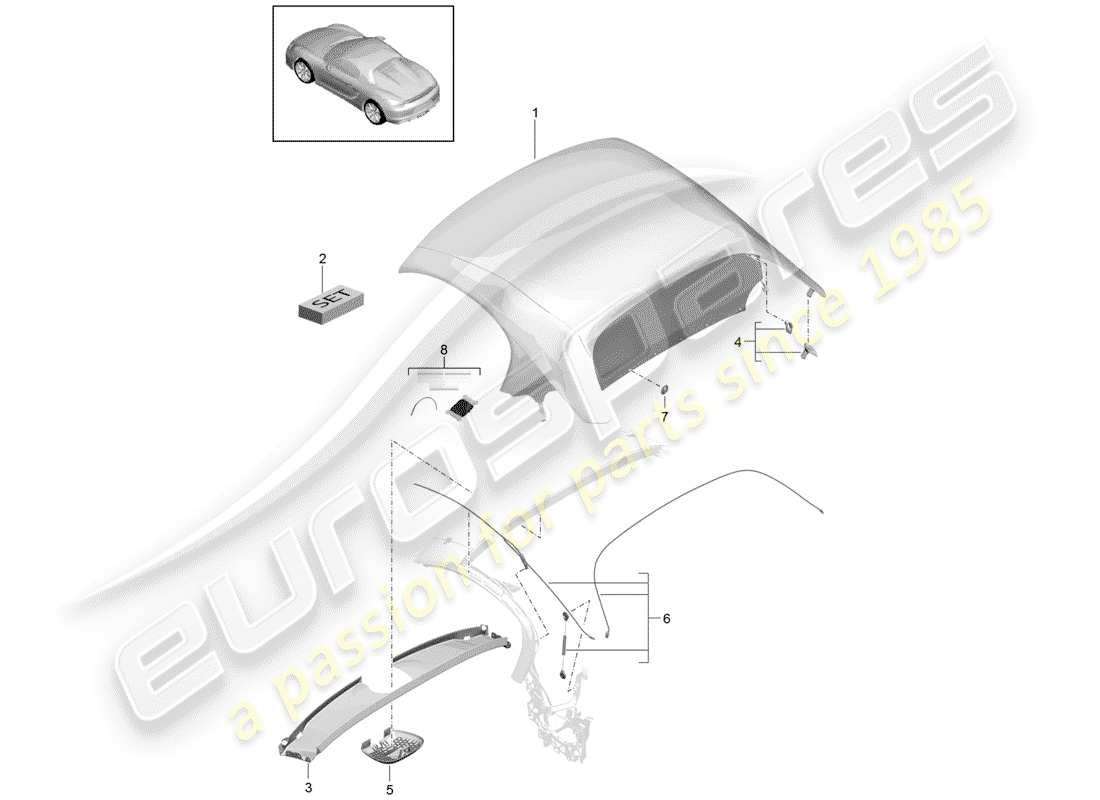 porsche 2016 (981 boxster spyder) copertura della capote diagramma delle parti