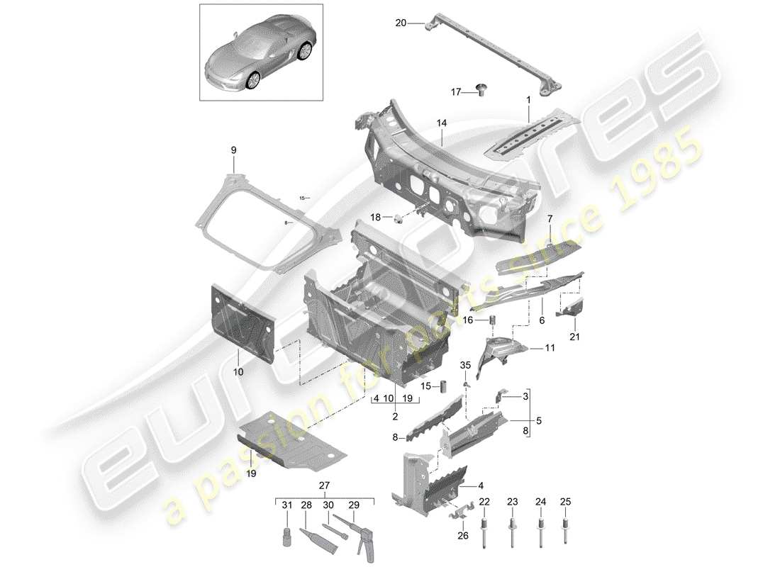 porsche 2016 (981 boxster spyder) fine frontale diagramma delle parti