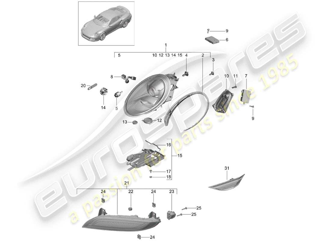 porsche 2017 (991-2 turbo) diagramma delle parti del faro