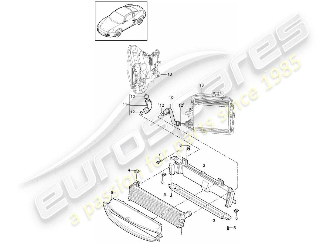 porsche 2012 (987 cayman) diagramma delle parti del radiatore