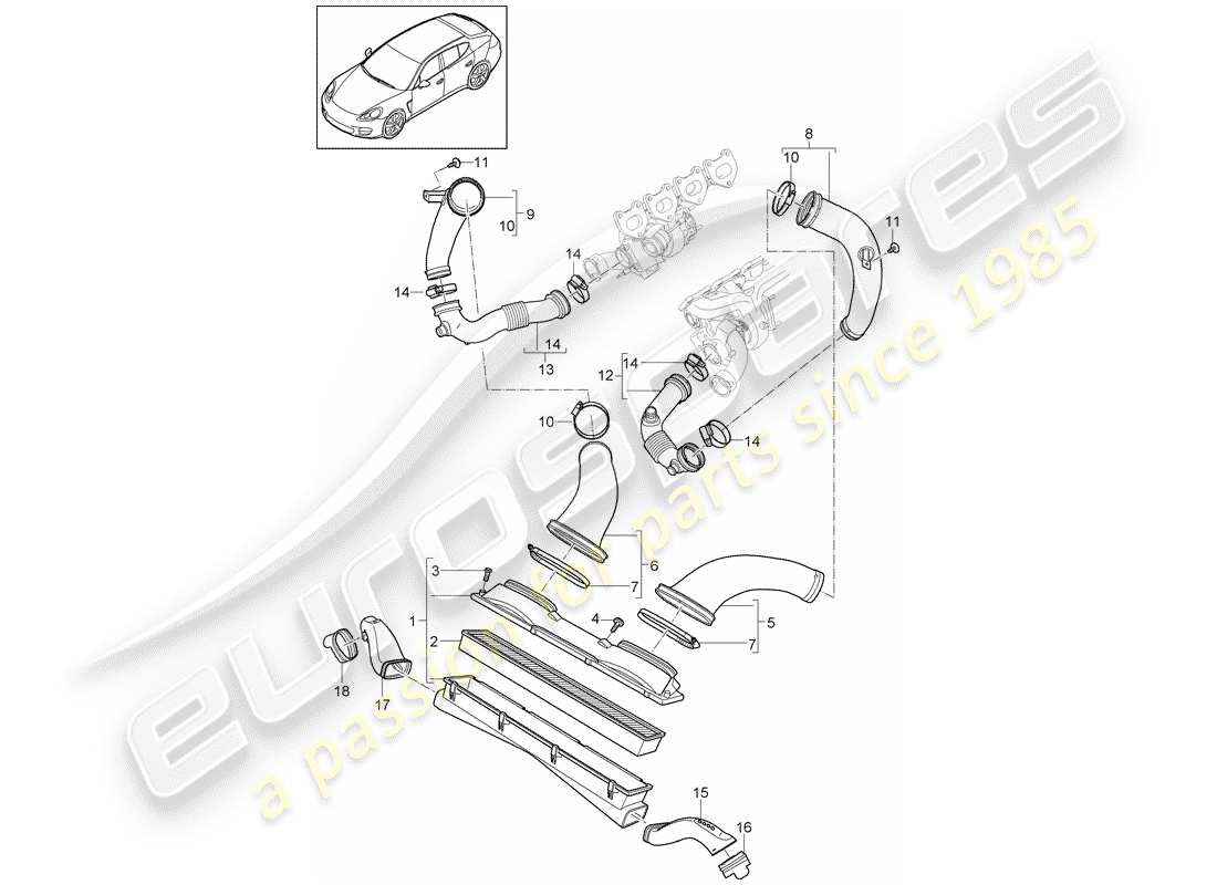 porsche 2011 (panamera 970) schema delle parti del sistema filtro dell'aria