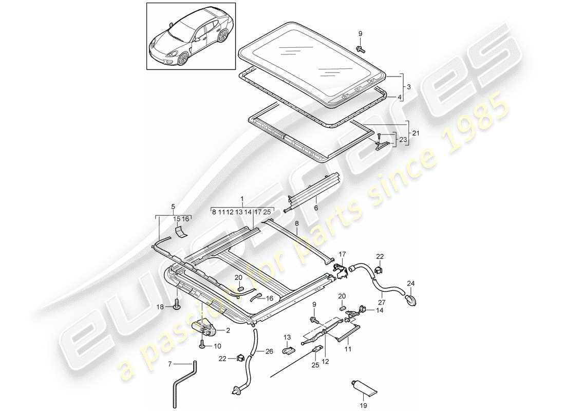 porsche 2011 (panamera 970) schema delle parti del tetto scorrevole/inclinabile