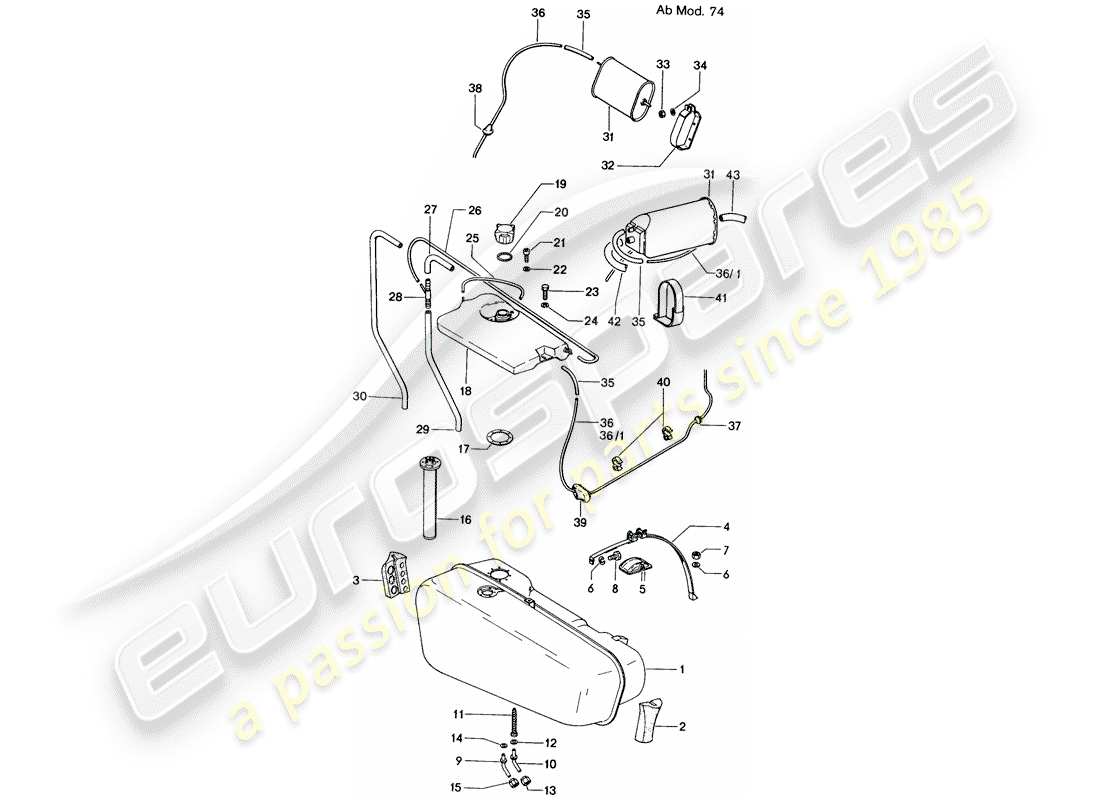 porsche 1971 (914) serbatoio carburante - d - mj 1974>> schema delle parti