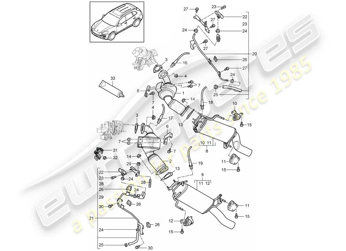 porsche 2014 (cayenne e2 92a) diagramma delle parti del sistema di scarico