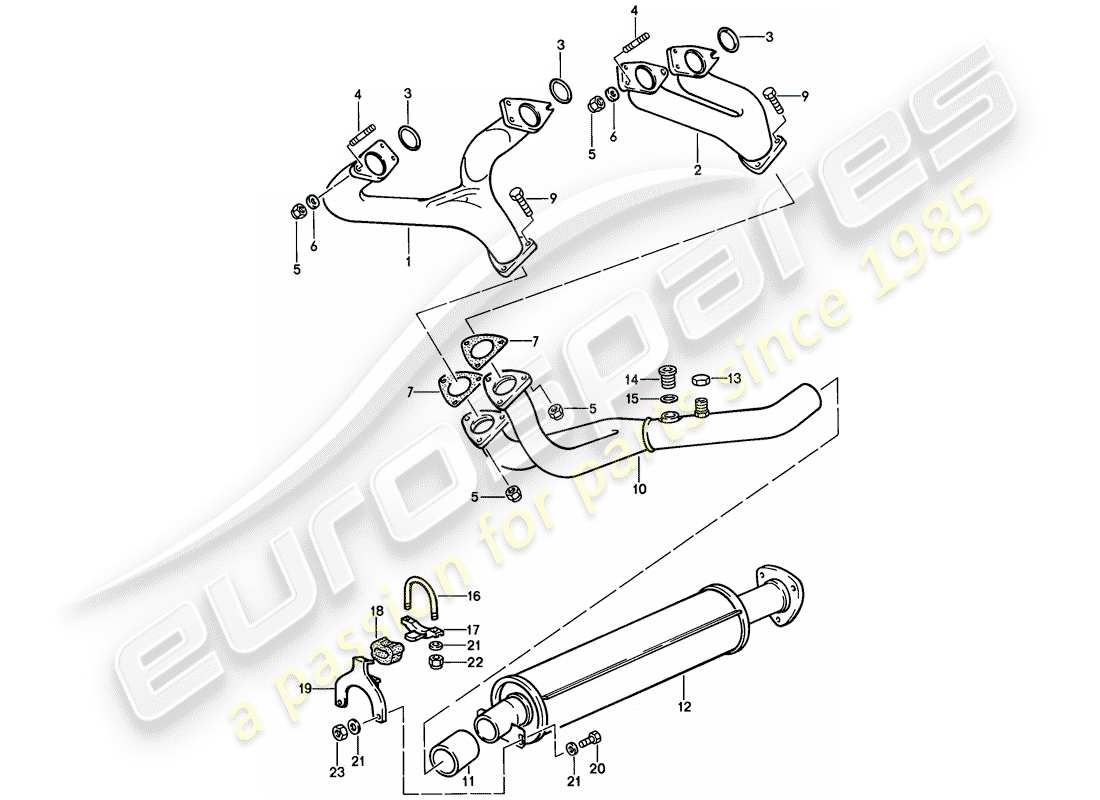 porsche 1988 (944) sistema di scarico - silenziatore di scarico, anteriore diagramma delle parti