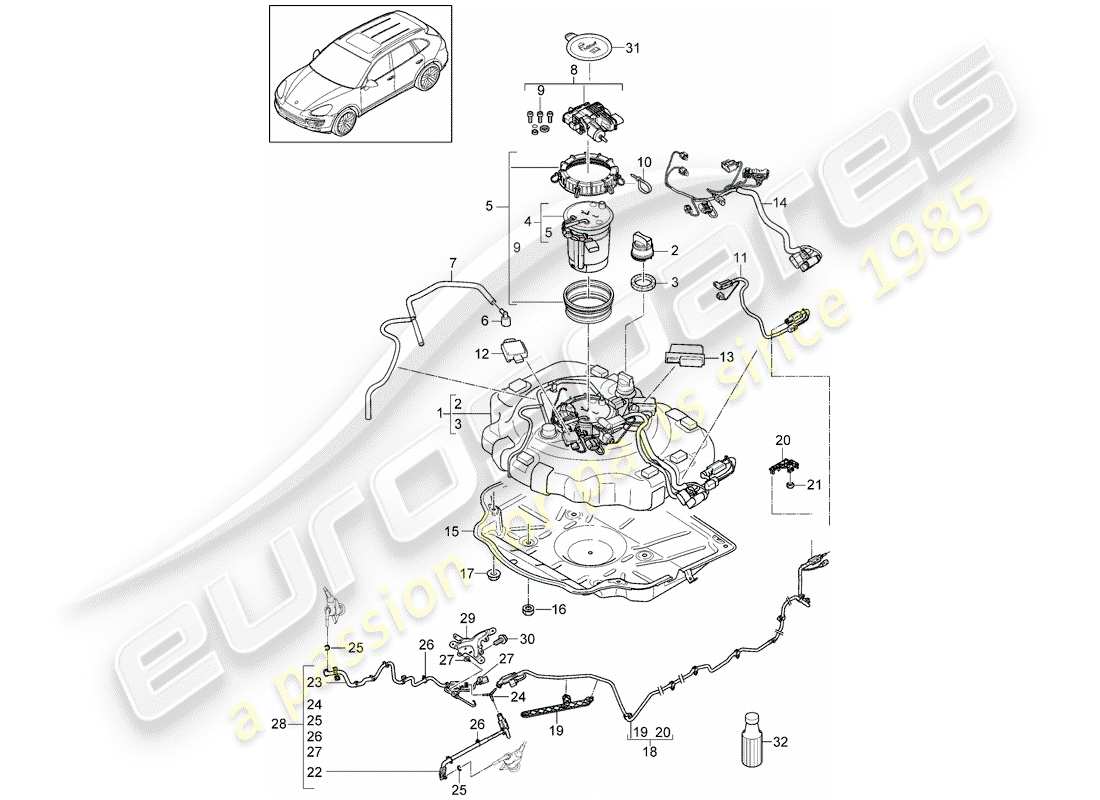 porsche 2014 (cayenne e2 92a) ex. schema delle parti del sistema di controllo delle emissioni
