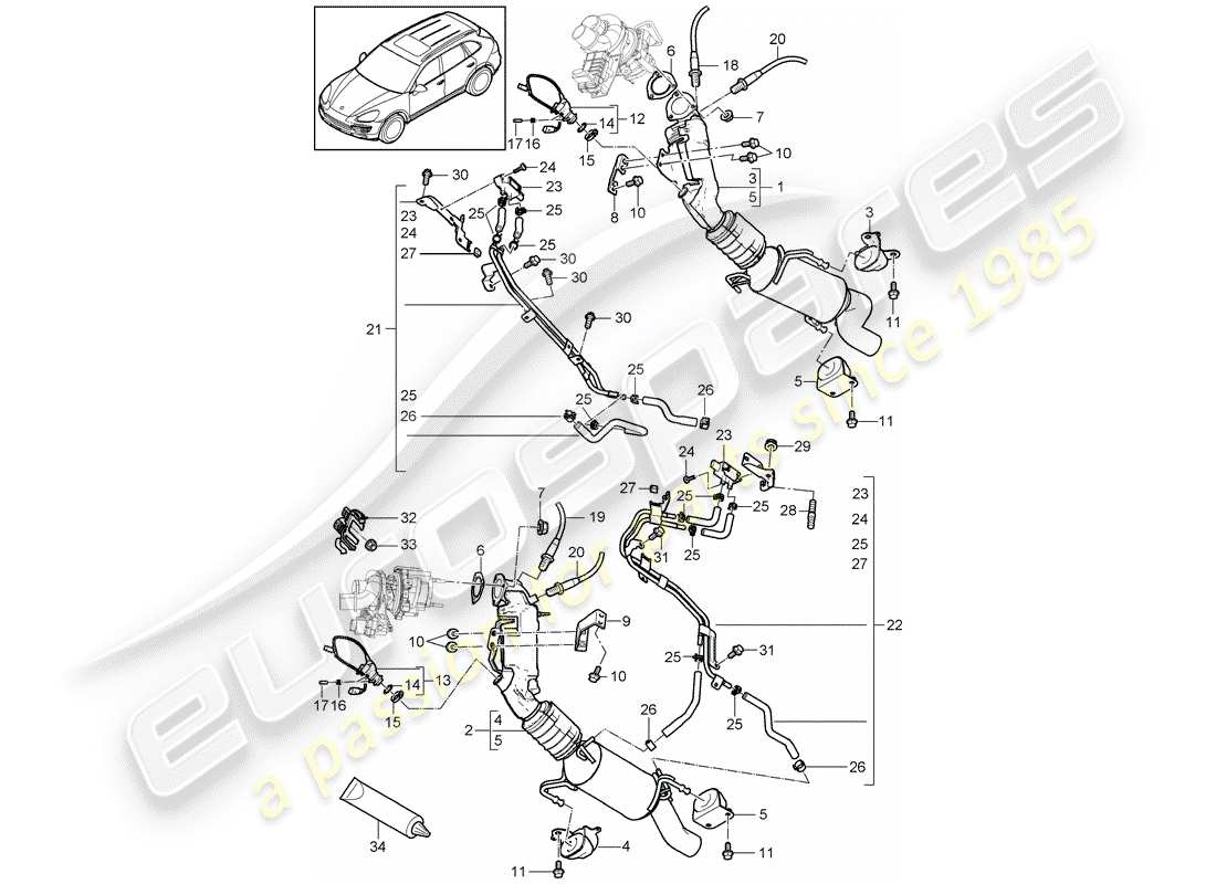 porsche 2016 (cayenne e2 92a) impianto di scarico diagramma delle parti