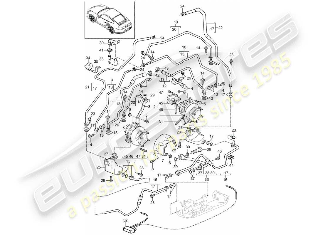 porsche 2012 (997-2 turbo / gt2 rs) turbocompressore gas di scarico diagramma delle parti