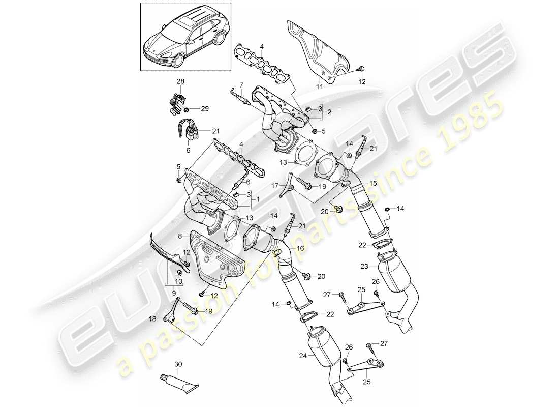 porsche 2013 (cayenne e2 92a) diagramma delle parti del sistema di scarico